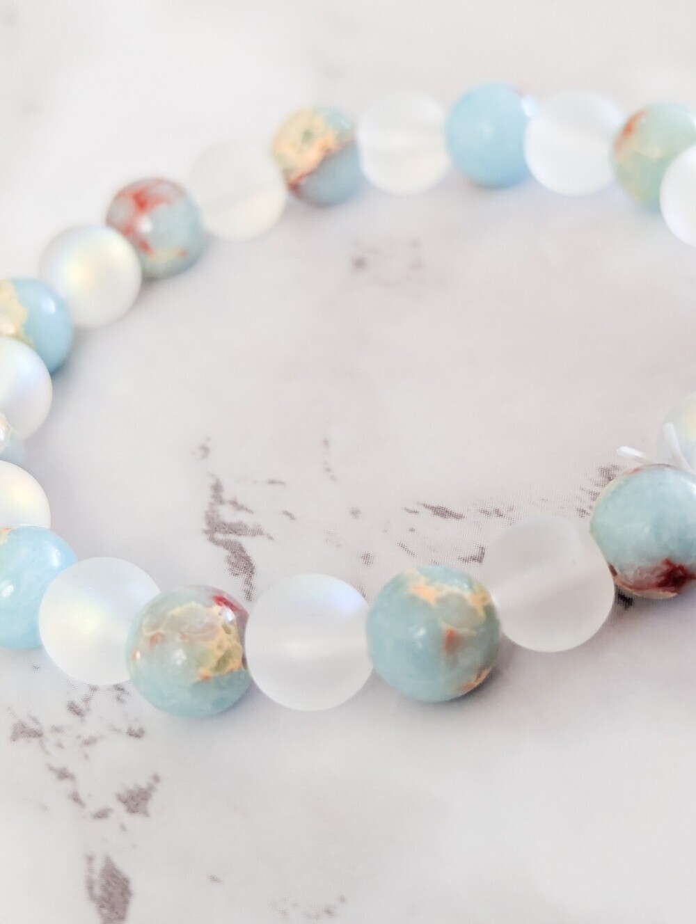 Health Crystal Bracelet Ocean Jasper Halo Quartz Stretch Beaded Bracelet - Picture 4 of 10